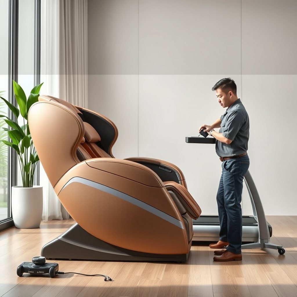 Ghế massage đang rung mạnh trên nền phòng khách