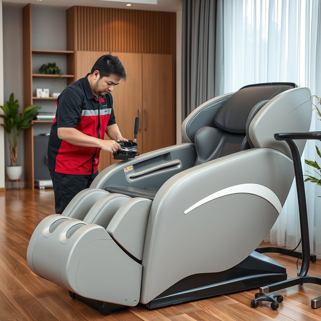 Ghế massage rung không đều – Khi nào thay túi hơi, báo giá mới nhất Ghế massage đang được kiểm tra túi hơi trên nền nhà